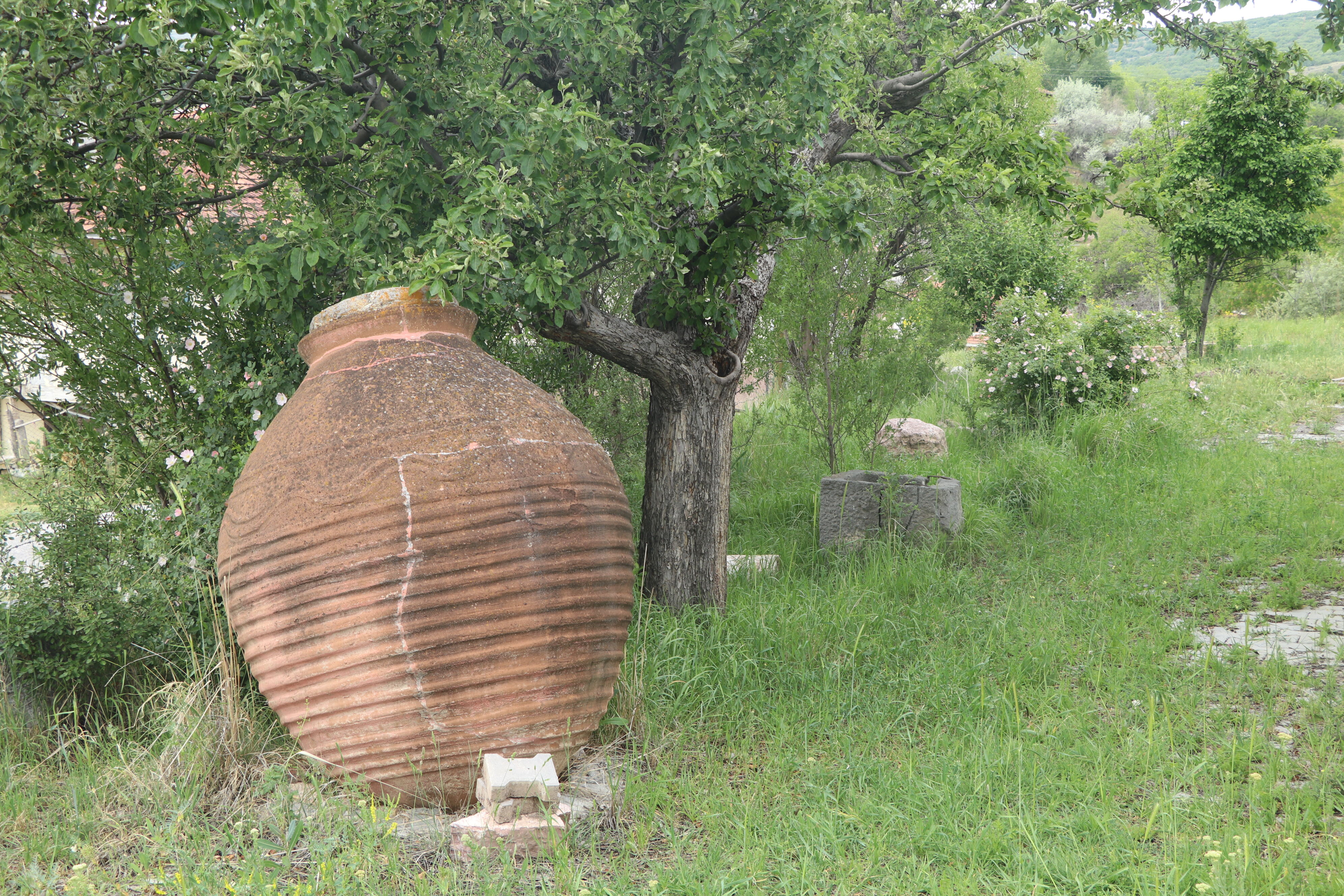 Köydeki kültürevinin bahçesini eski küp ve steller süslüyor