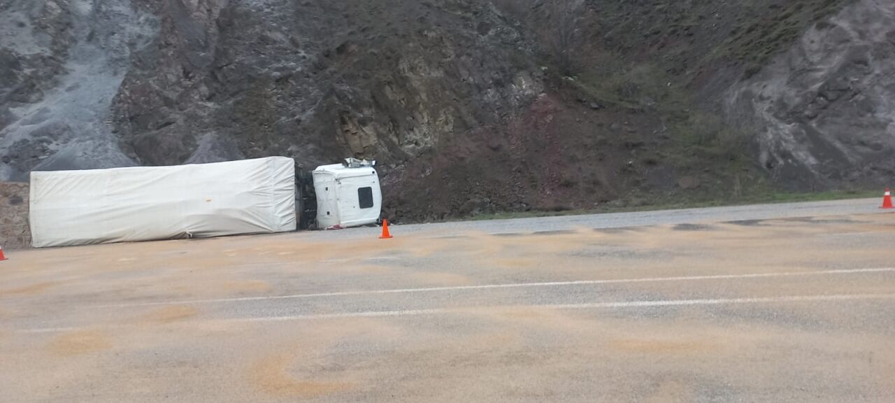 Suşehri'nde devrilen kamyonun sürücüsü yaralandı